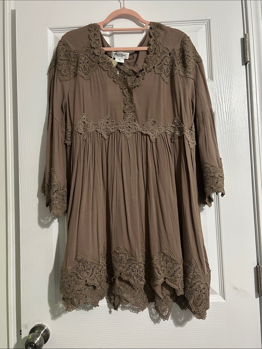 Boho Lace-Trim Tunic Blouse - Taupe